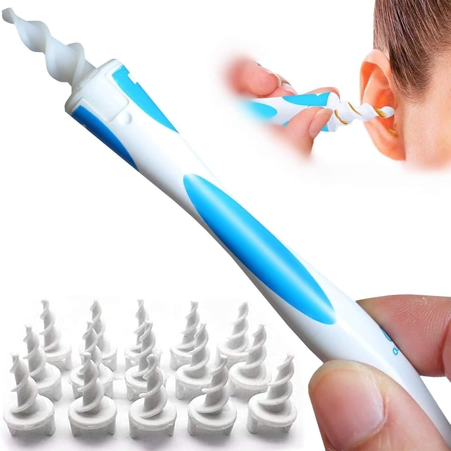 DClub QGrips Spiral Earwax Removal Tool front view with reusable handle and silicone tip.
