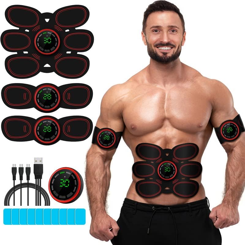 Drezela Abs Stimulator Muscle Toner front view showing abdominal and arm pads with electronic controllers