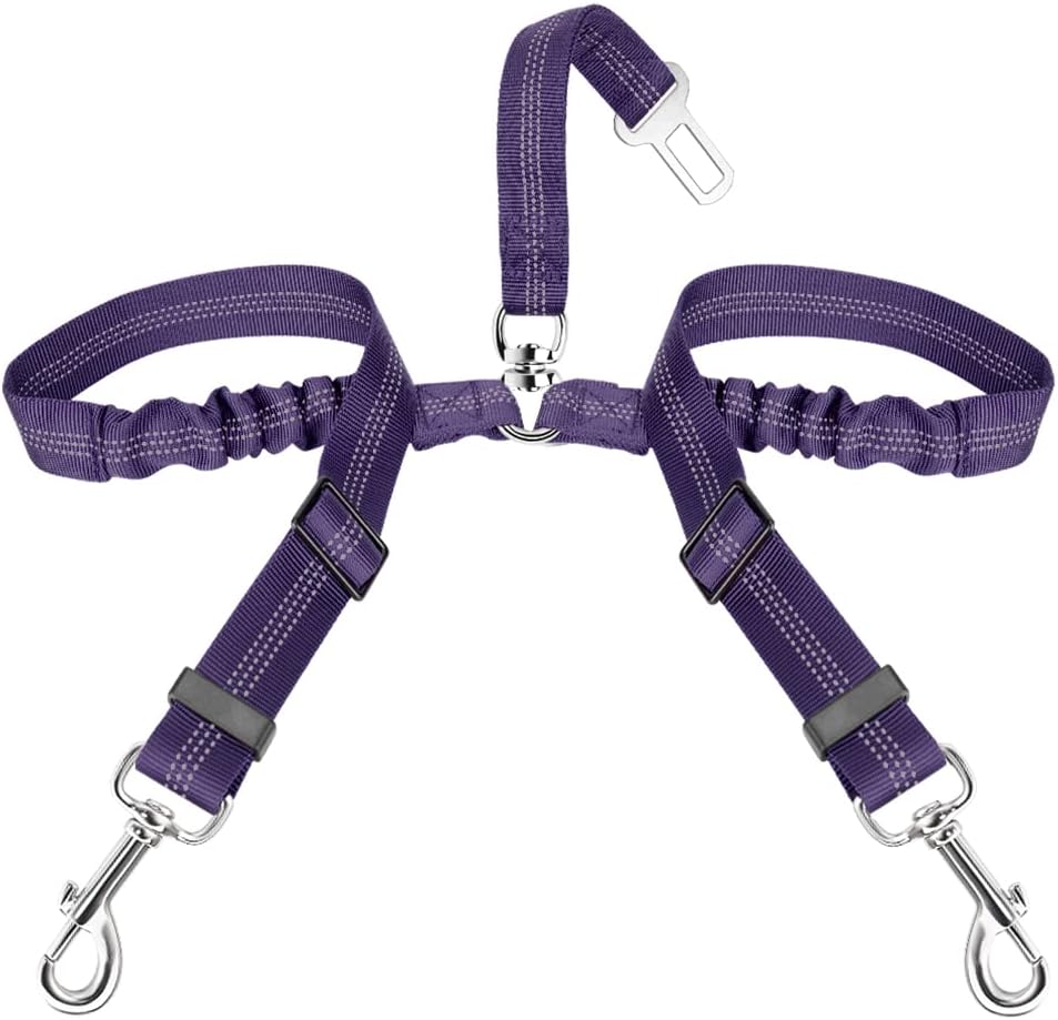 SlowTon Dog Seat Belt, Double Dog Seatbelt Adjustable Vehicle Safety Leash with Elastic Bungee Buffer, Reflective No Tangle Y Shape Two Dog Harness Seat Belt Splitter for Pets Car Trip (Black, M) - Image 9
