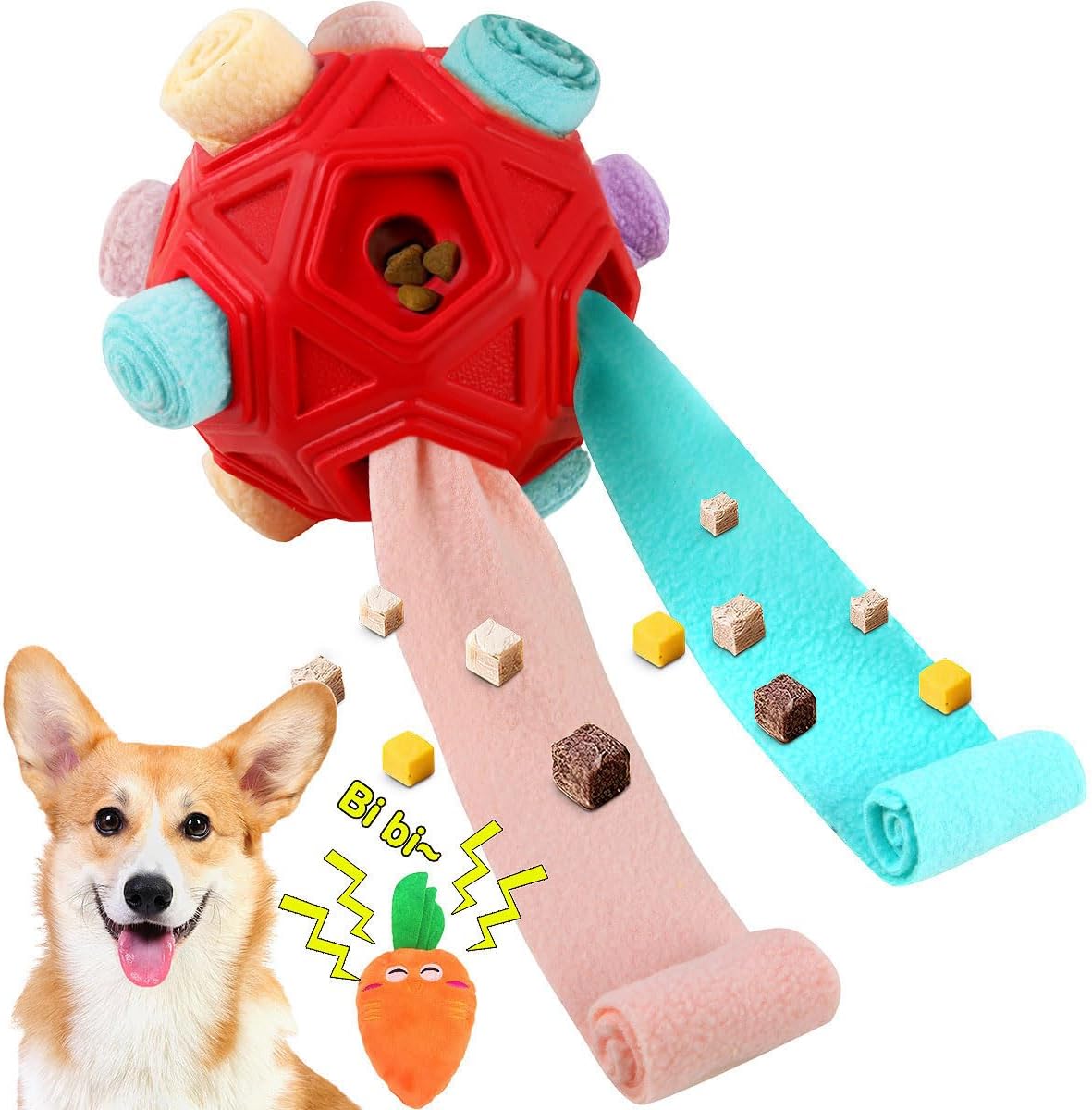Dog Snuffle Ball-Interactive Puzzle Dog Toys Encourage Natural Foraging Skills Slow Feeder for Training and Stress Relief, Cloth Strip Hiding Food Dog Toys with Squeaky Carrot Toy for Any Size - Image 11