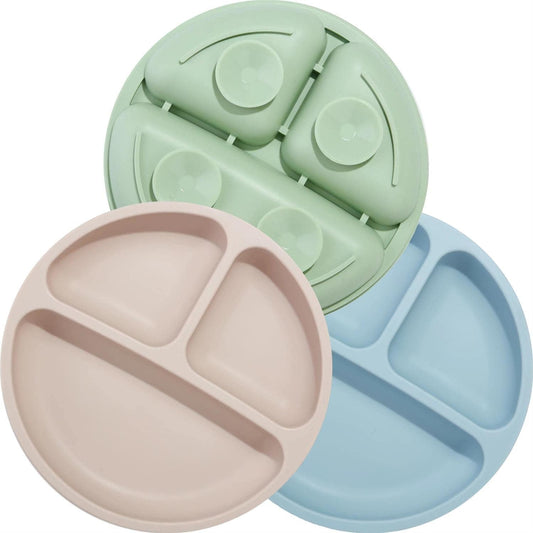 PandaEar divided silicone baby plates set of 3 blue green brown