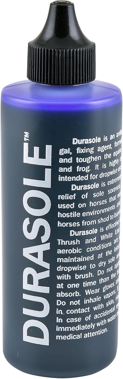 Dover Saddlery Durasole equine sole dressing four ounce bottle front view authentic USA imported hoof care product.