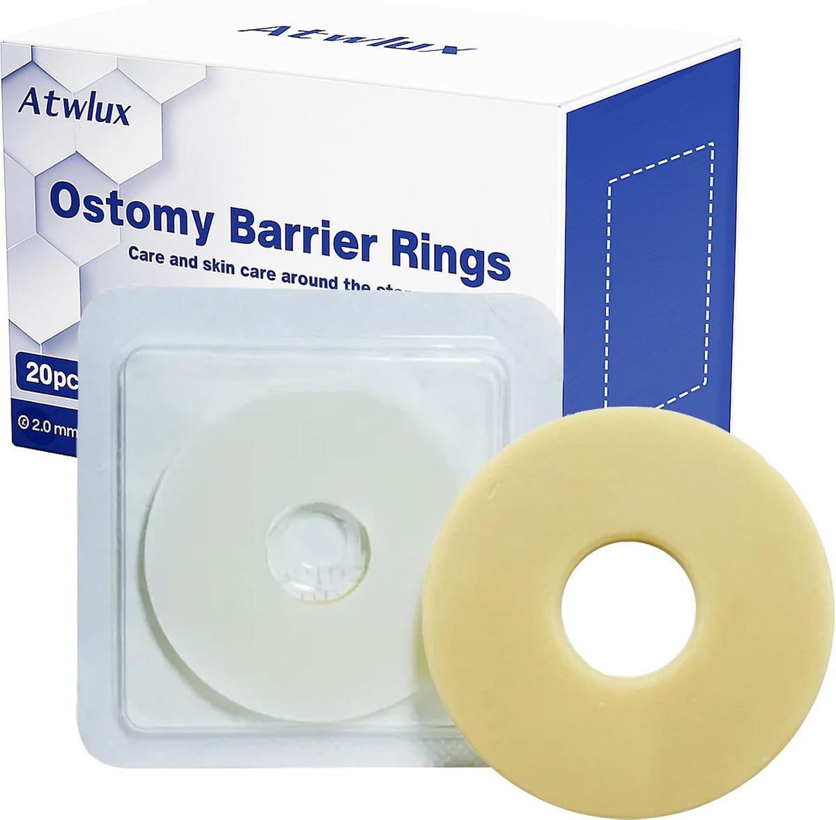 Atwlux ostomy barrier rings front packaging view showing medical hydrocolloid seals.