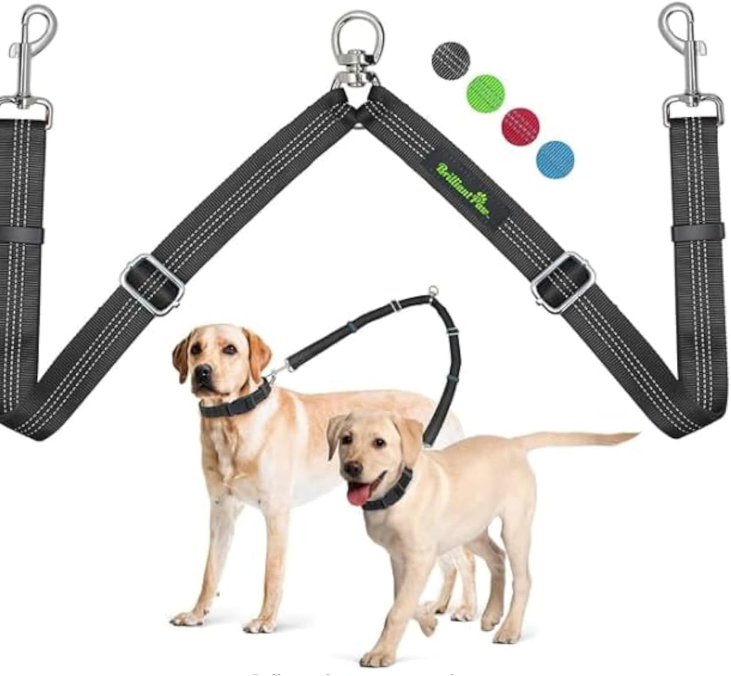 Brilliant Paw double dog leash coupler in black featuring reflective nylon straps and a heavy-duty 360 degree swivel clip.