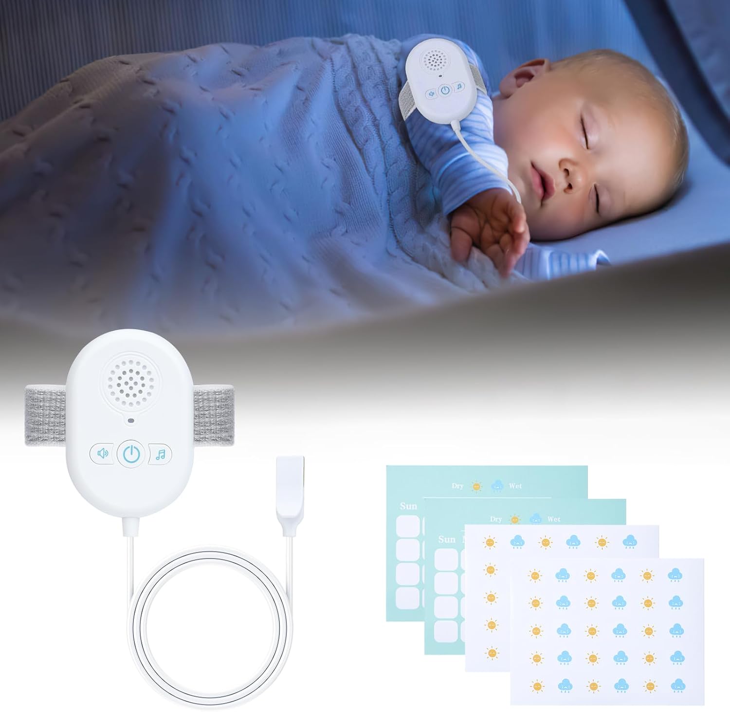 ZOOS Bedwetting Alarm front view of rechargeable white monitor unit.