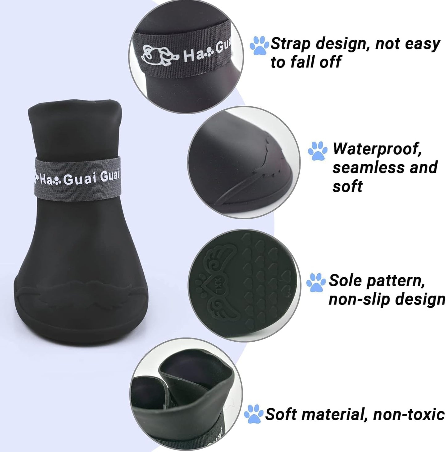 Black rubber dog boots with anti-slip sole