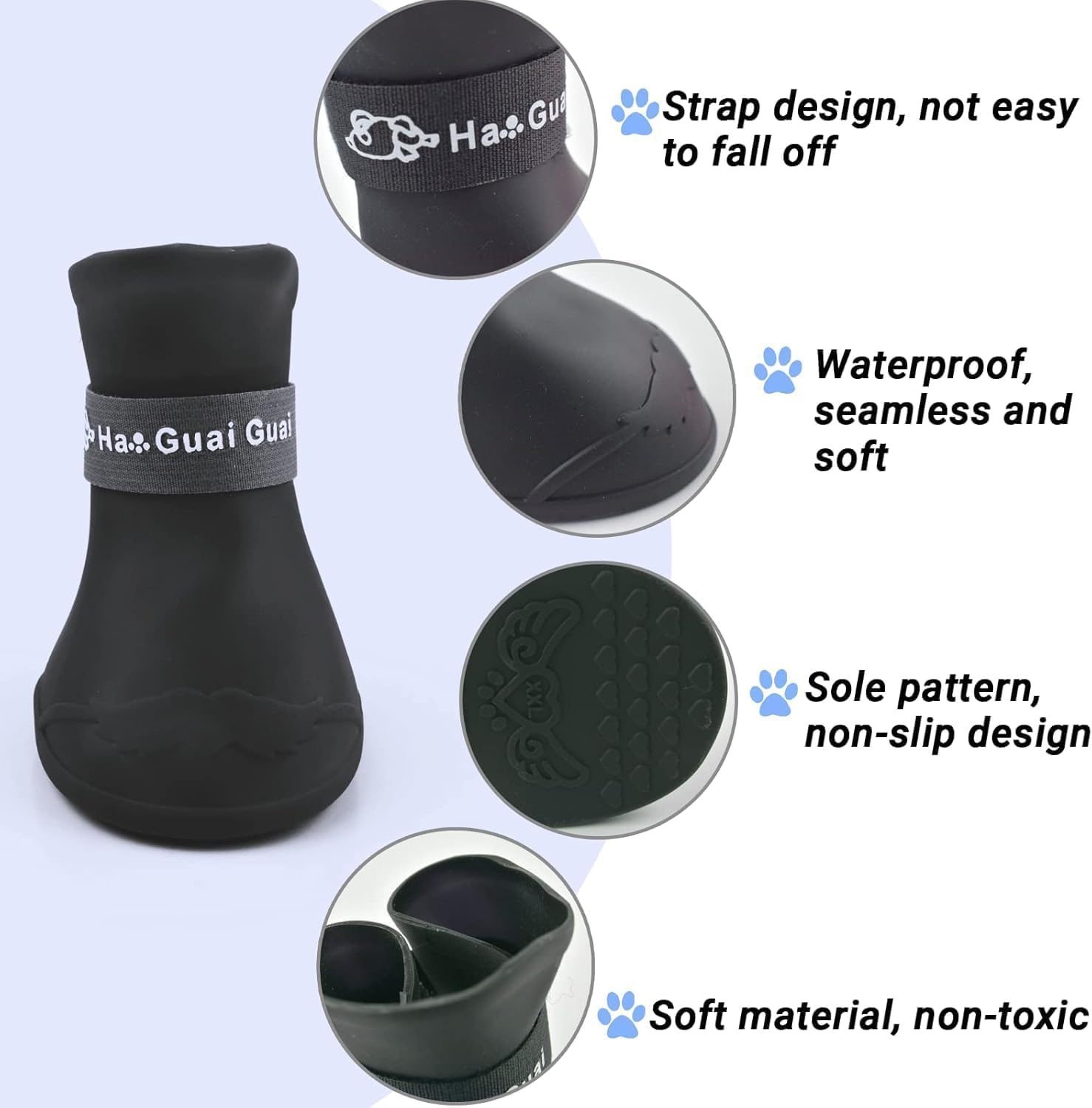 Black rubber dog boots with anti-slip sole