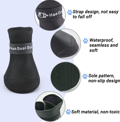 Black rubber dog boots with anti-slip sole