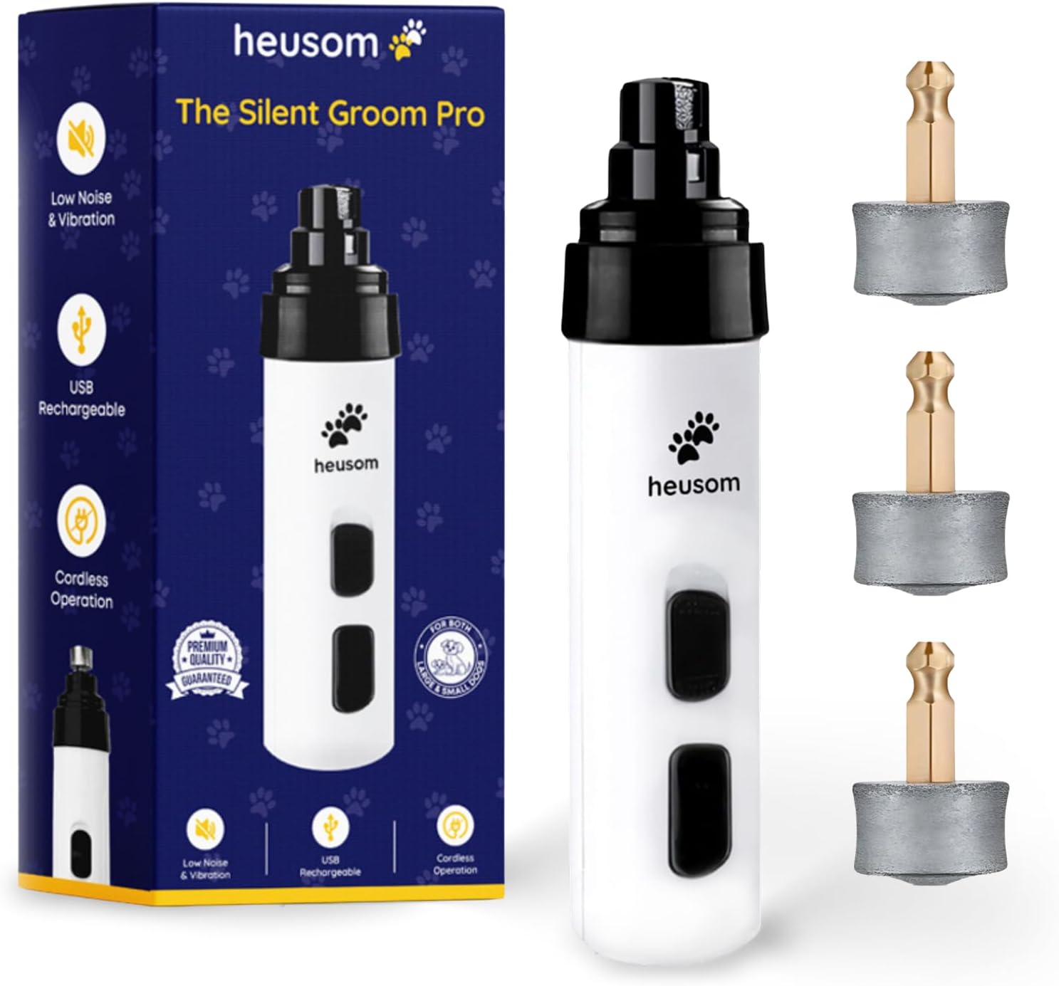 Heusom Silent Groom Pro Pet Nail Grinder front view of the white cordless trimmer.