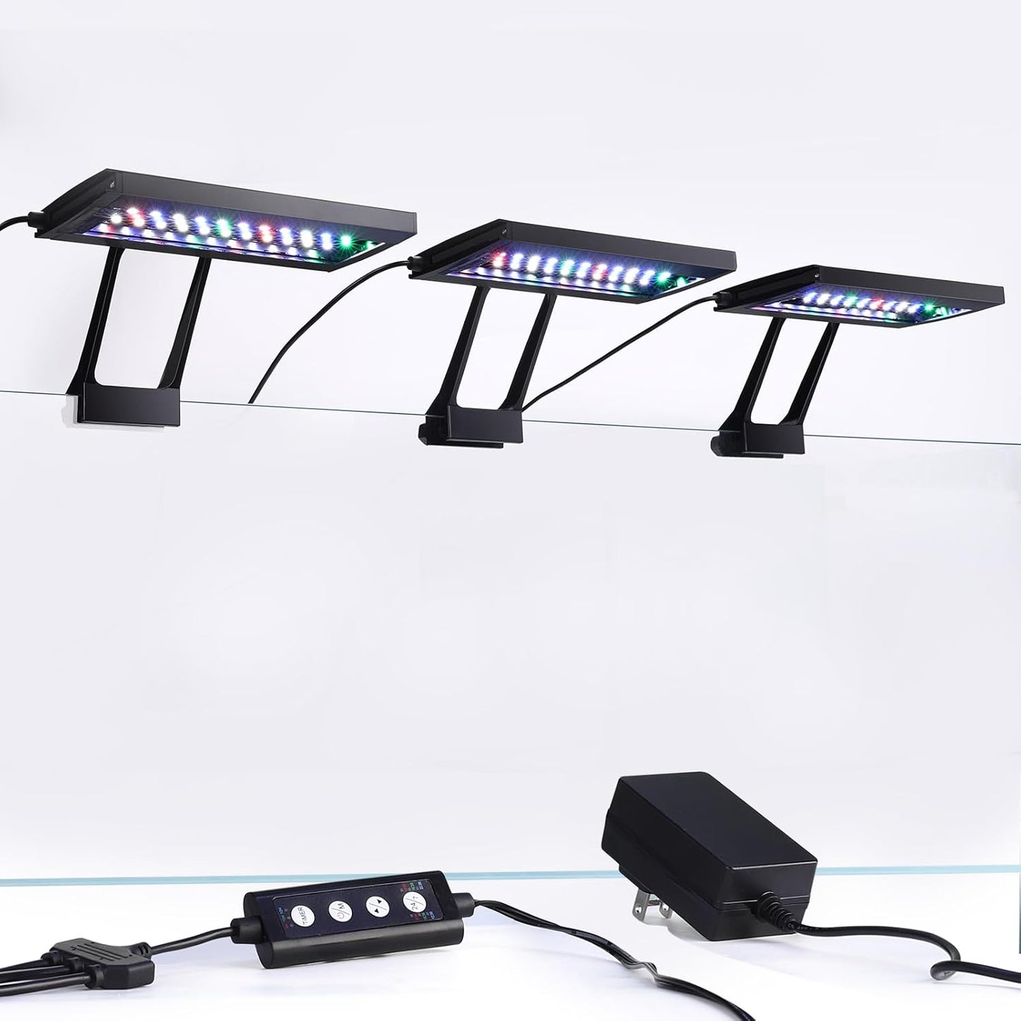 Hygger aquarium light packaging and separable power adapter setup illustrating neat cable management.