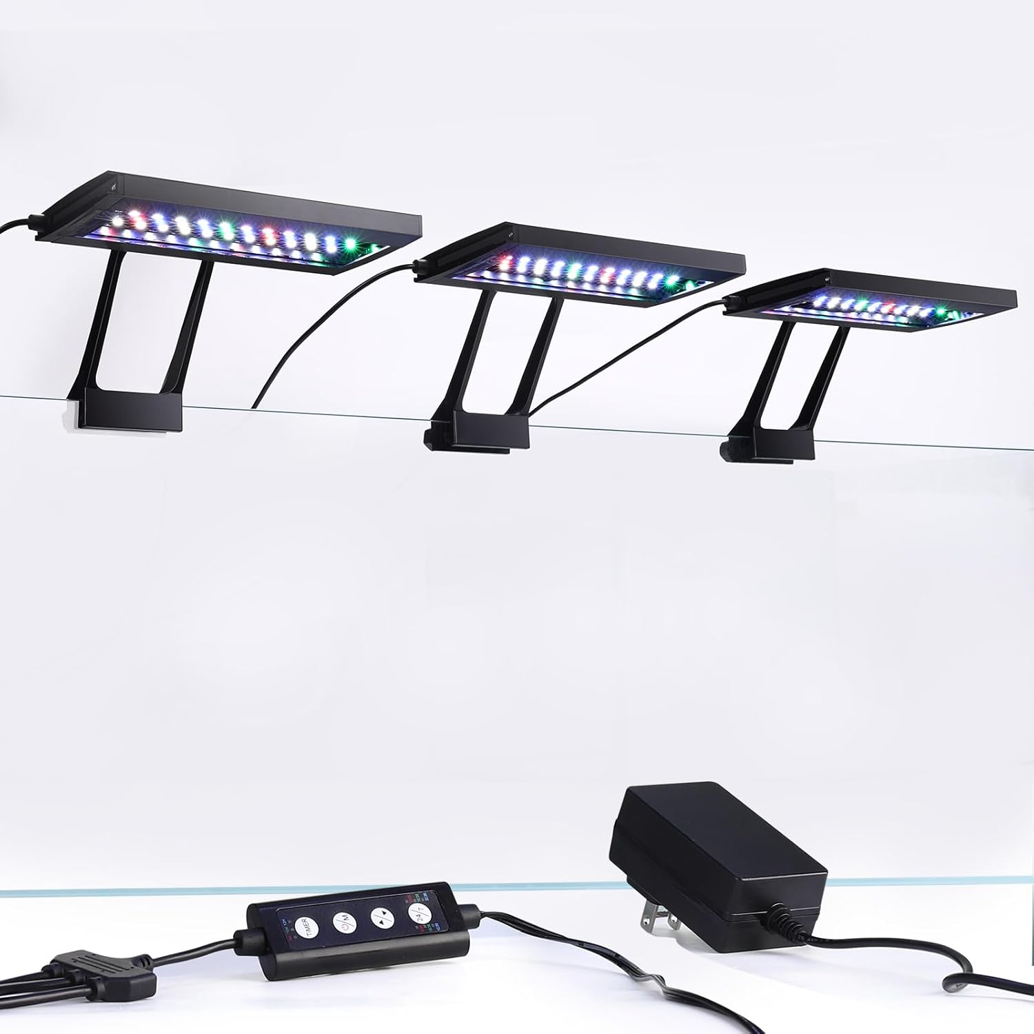 Hygger aquarium light packaging and separable power adapter setup illustrating neat cable management.