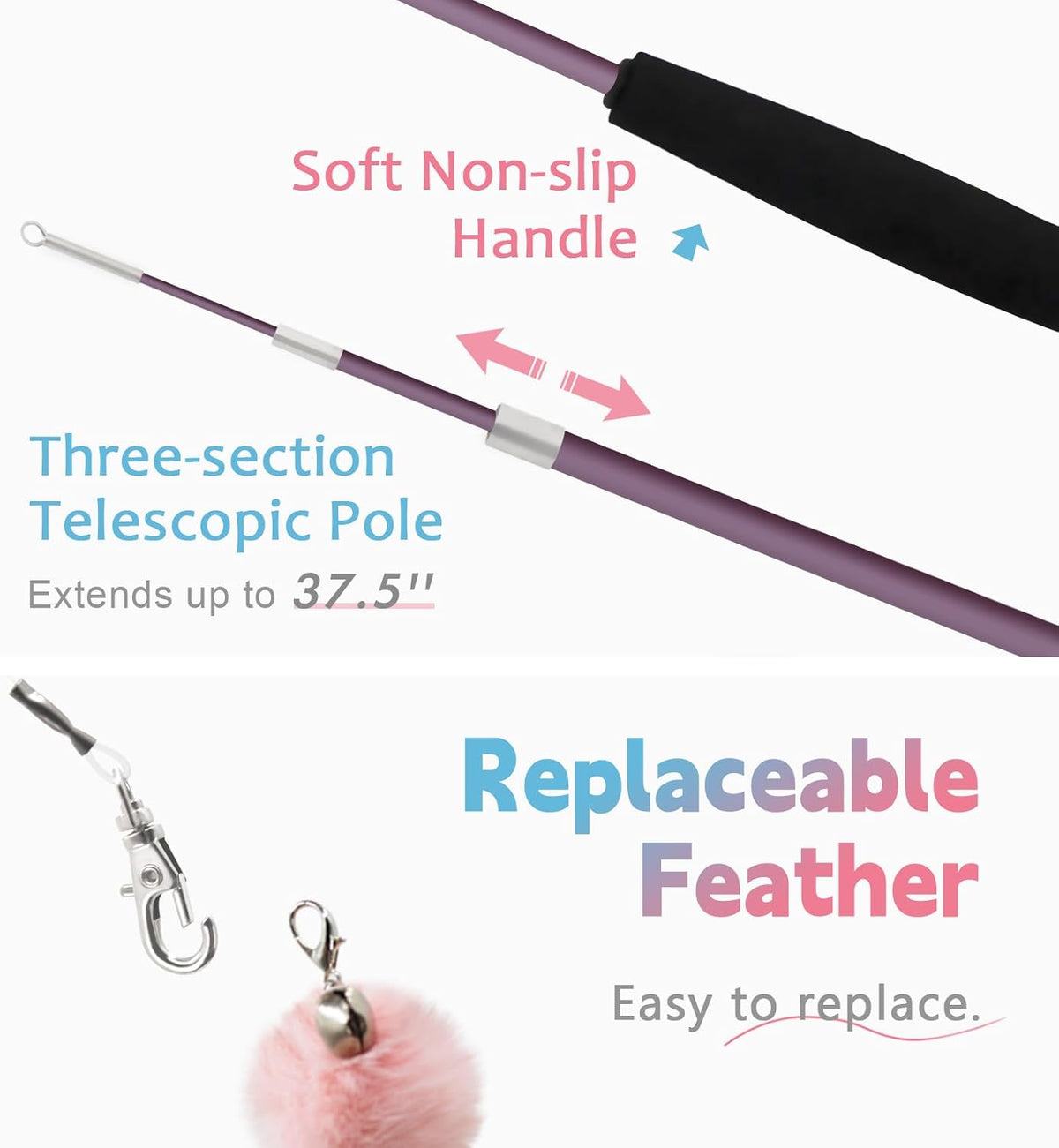 SONGWAY retractable kitten wand fully extended to thirty-eight inches for long-distance play.