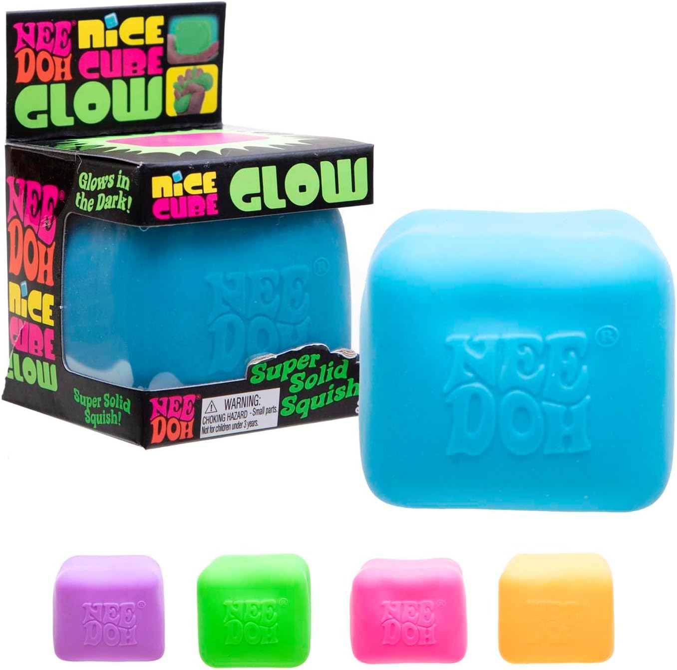 Schylling NeeDoh Nice Cube Glow front view of the luminous square sensory toy for anxiety relief
