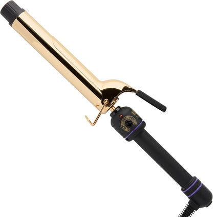 Hot Tools 24K Gold Extra Long Curling Iron front view showing the gold barrel and black handle.