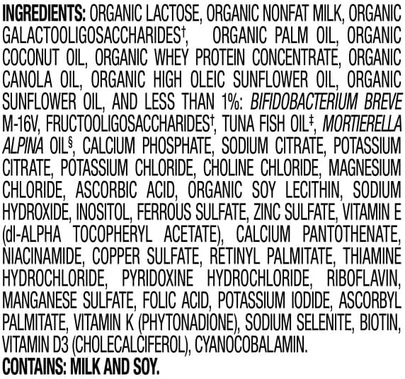 Back panel of Happy Baby organic infant formula showing detailed mixing instructions and feeding guide chart.