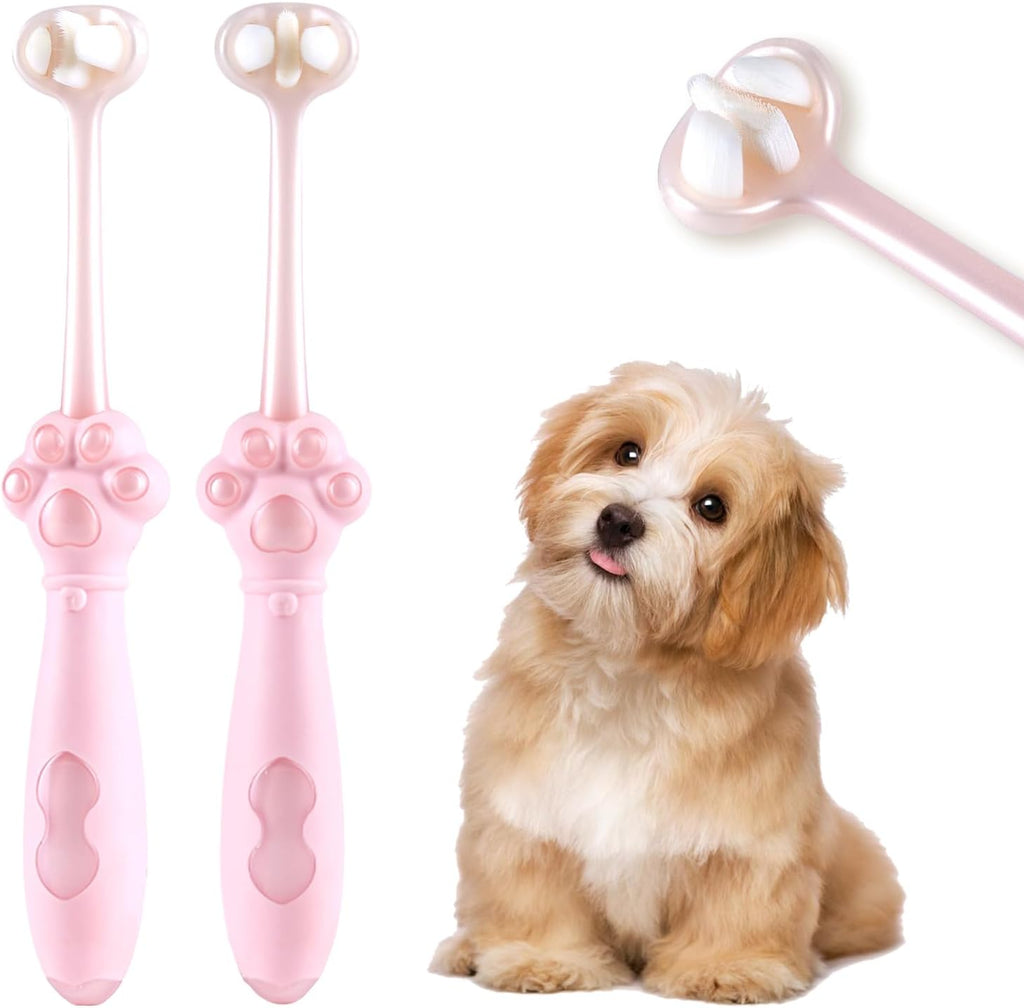 Detailed angle of 3-sided dog toothbrush bristle layout