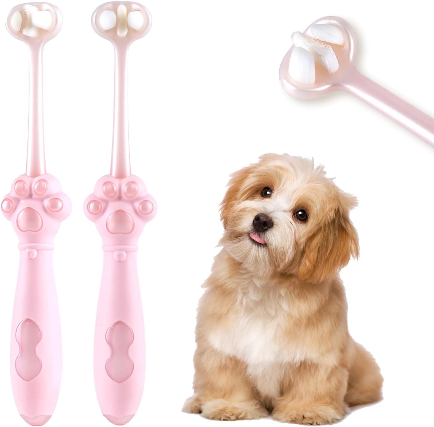 Detailed angle of 3-sided dog toothbrush bristle layout