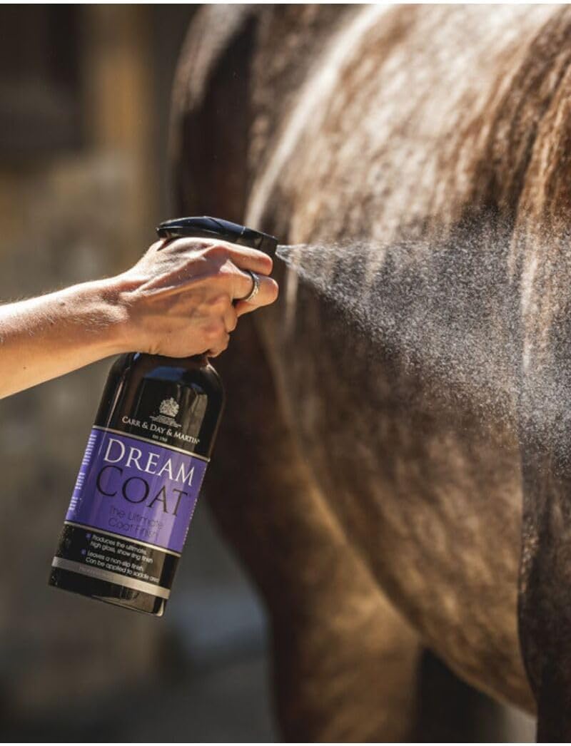 Non slip horse coat conditioner bottle highlighting muscle definition show preparation