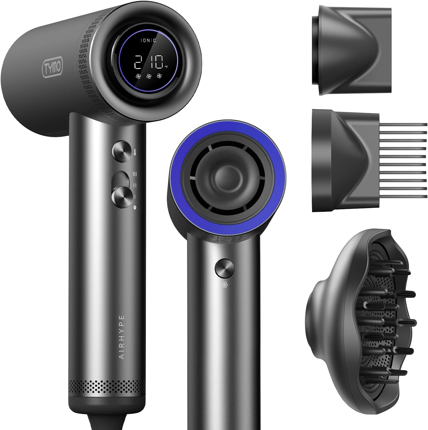 TYMO Airhype professional high speed hair dryer graphite front view showcasing digital LED display