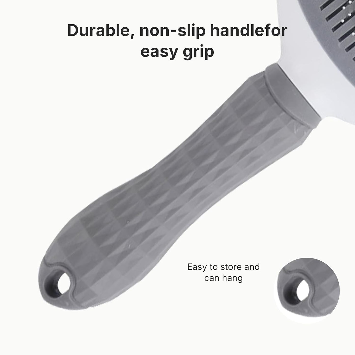 Ergonomic pet hair remover brush highlighting the comfortable non slip soft grip rubber handle.