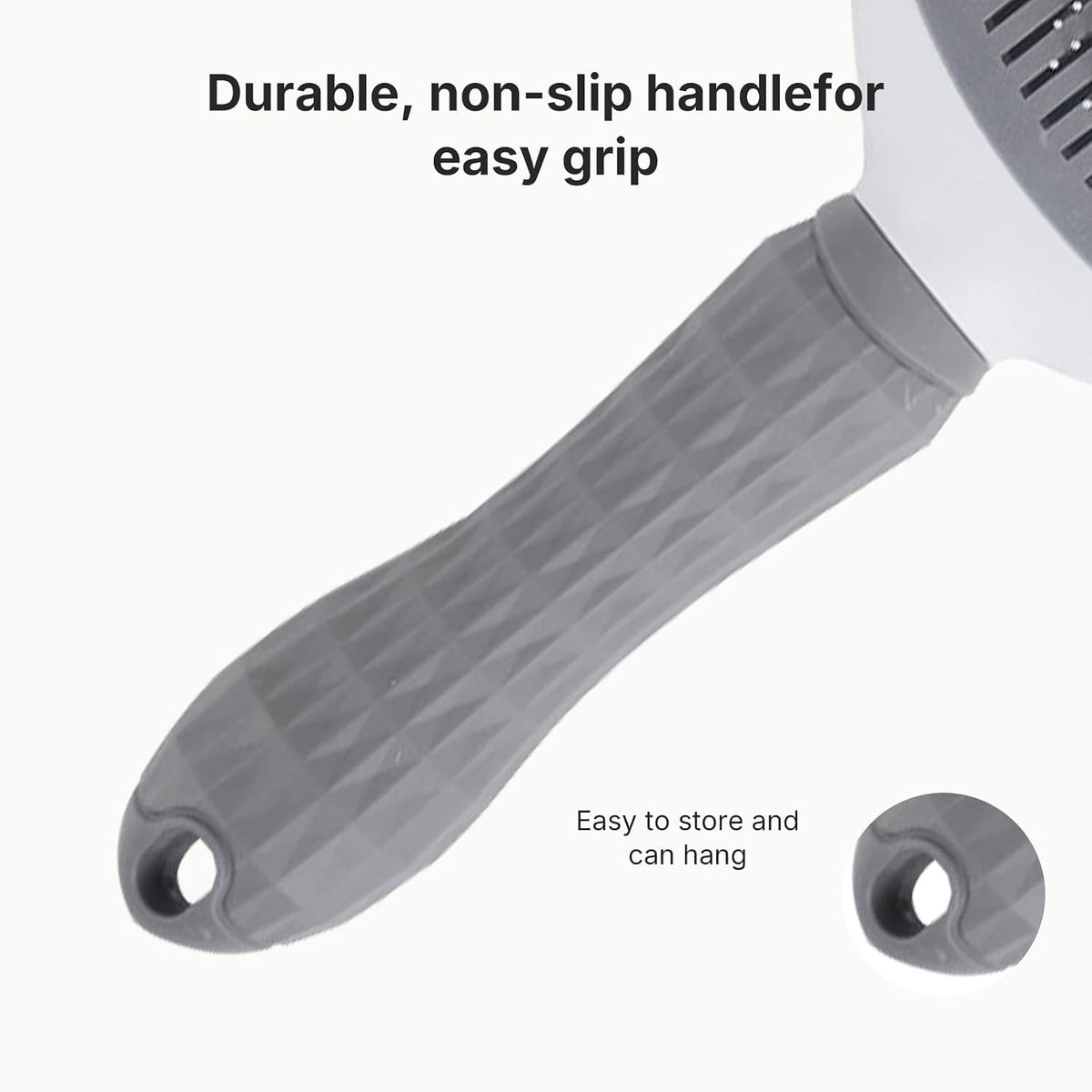 Ergonomic pet hair remover brush highlighting the comfortable non slip soft grip rubber handle.