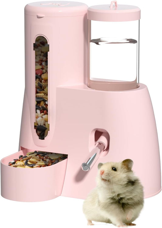 2 in 1 Hamster Water Bottle - Automatic Food Bowl, No Drip Small Animal Water Bottle Dispenser, for Syrian Dwarf Hamsters, Gerbils, Mouse, Hedgehog, Hamster Cage Accessories (Pink, Large) - Image 1