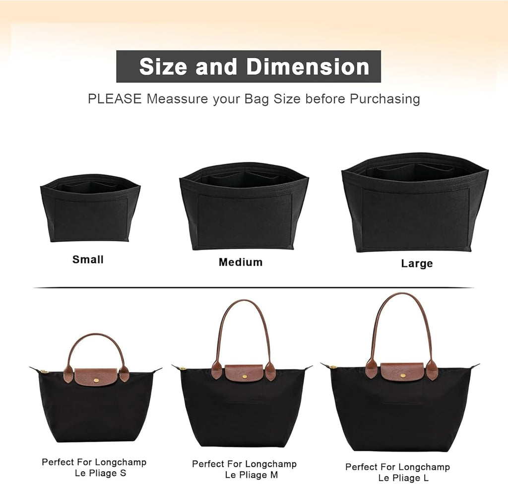 Multi pocket black felt organizer showing dedicated storage for phone and cosmetics.