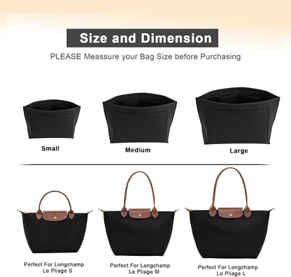 Multi pocket black felt organizer showing dedicated storage for phone and cosmetics.