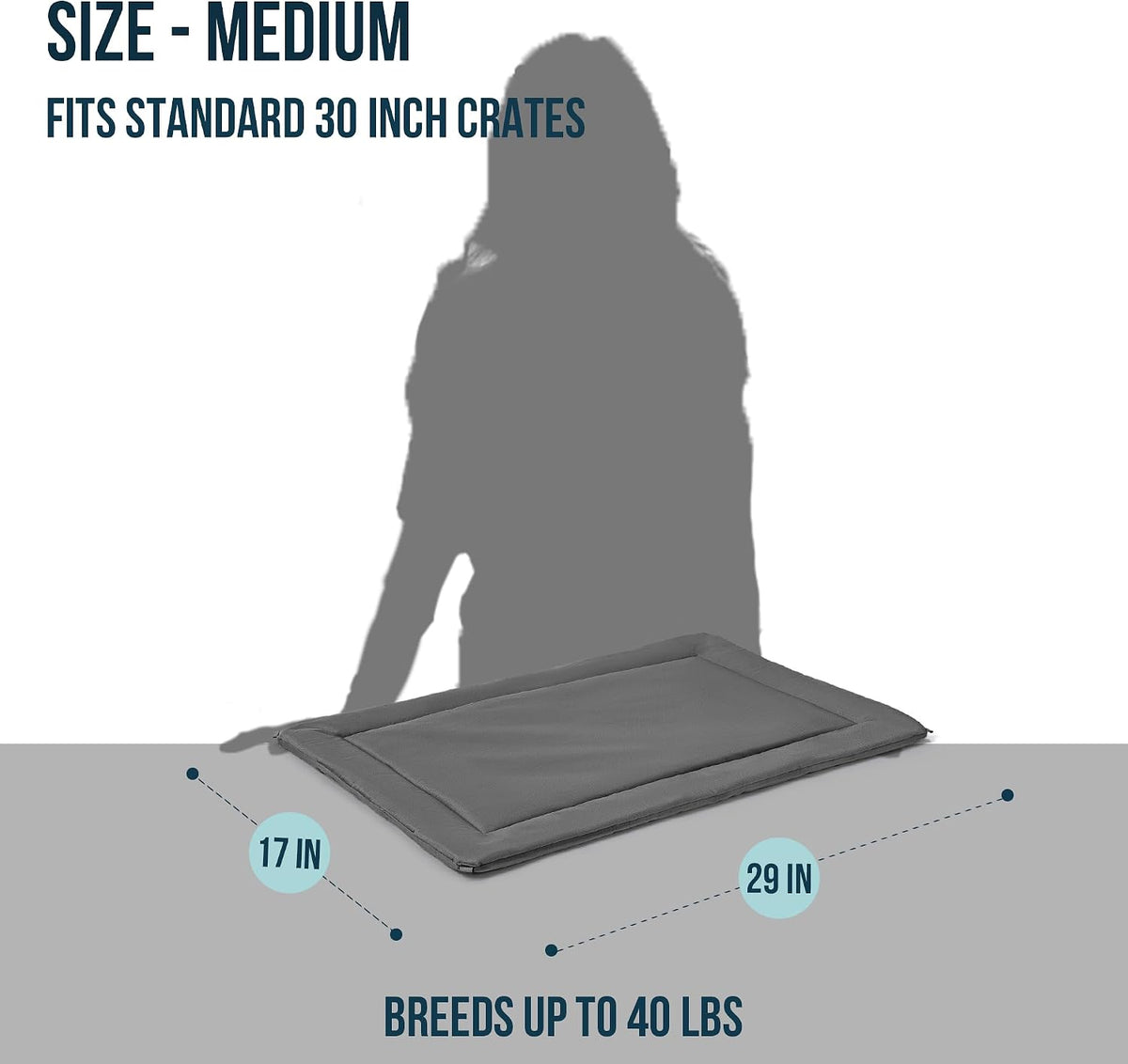 Side profile of Pelzin 29x17 inch waterproof crate pad