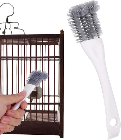 Penitue bird cage cleaning brush front view with long white handle and gray bristles