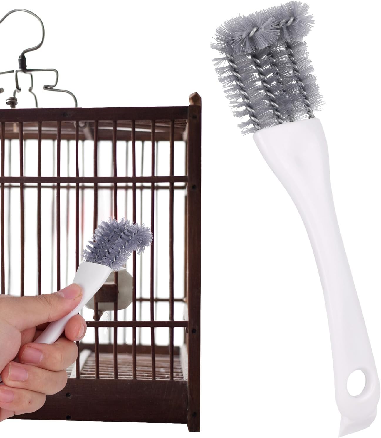 Penitue bird cage cleaning brush front view featuring the long white handle and gray scrubbing bristles
