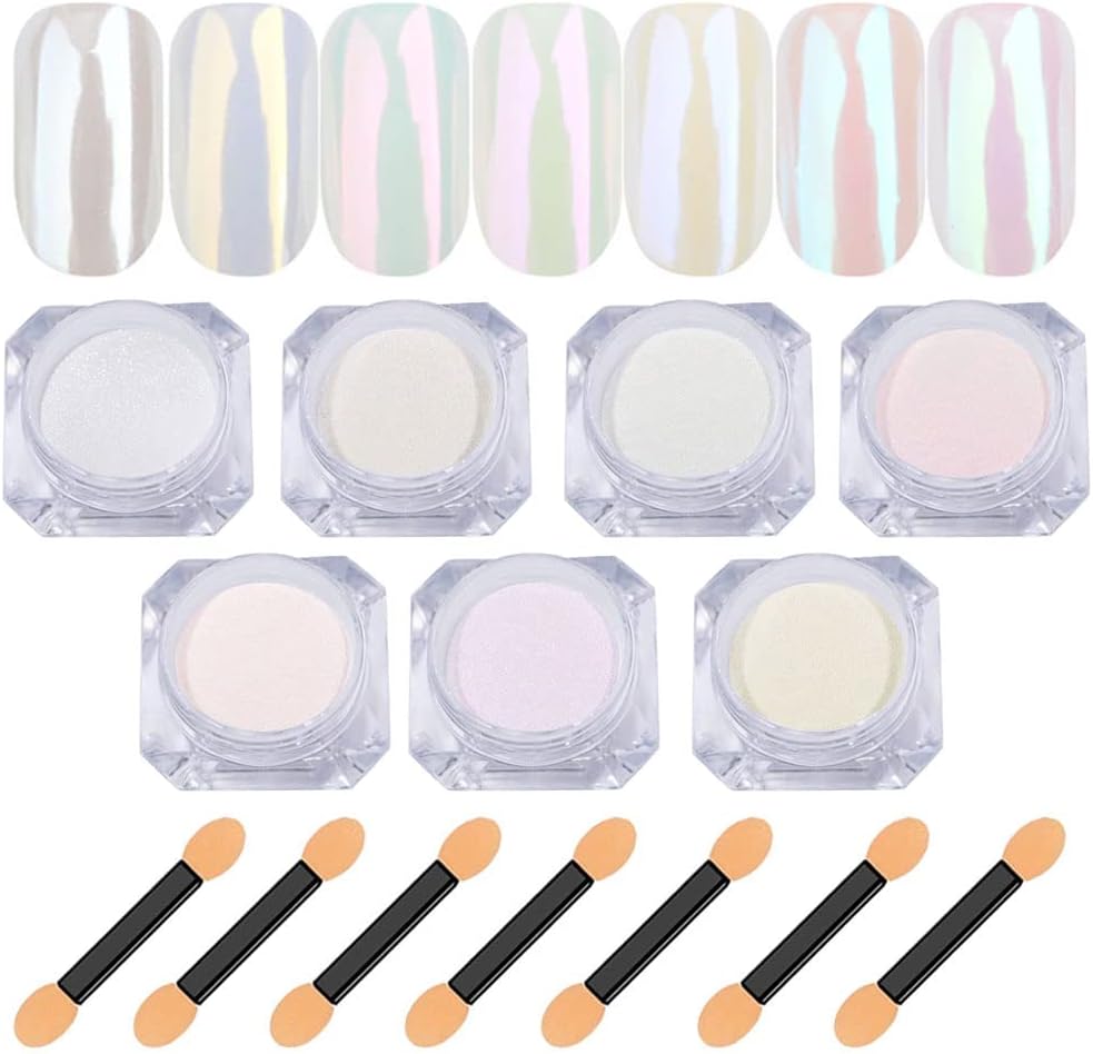 7 Colors Chrome Nail Powder, Valentines Day Gifts, Nail Chrome Bulk,White Pearl Iridescent Aurora Metallic Mirror Effect Dip Nail Powder Kit, Gel Polish Holographic Mermaid Pigment, Resin Craft - Image 1