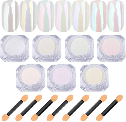 7 Colors Chrome Nail Powder, Valentines Day Gifts, Nail Chrome Bulk,White Pearl Iridescent Aurora Metallic Mirror Effect Dip Nail Powder Kit, Gel Polish Holographic Mermaid Pigment, Resin Craft - Image 1