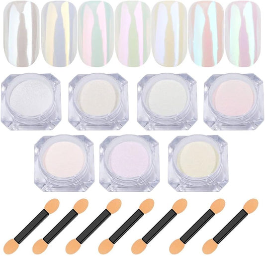 7 Colors Chrome Nail Powder, Valentines Day Gifts, Nail Chrome Bulk,White Pearl Iridescent Aurora Metallic Mirror Effect Dip Nail Powder Kit, Gel Polish Holographic Mermaid Pigment, Resin Craft - Image 1