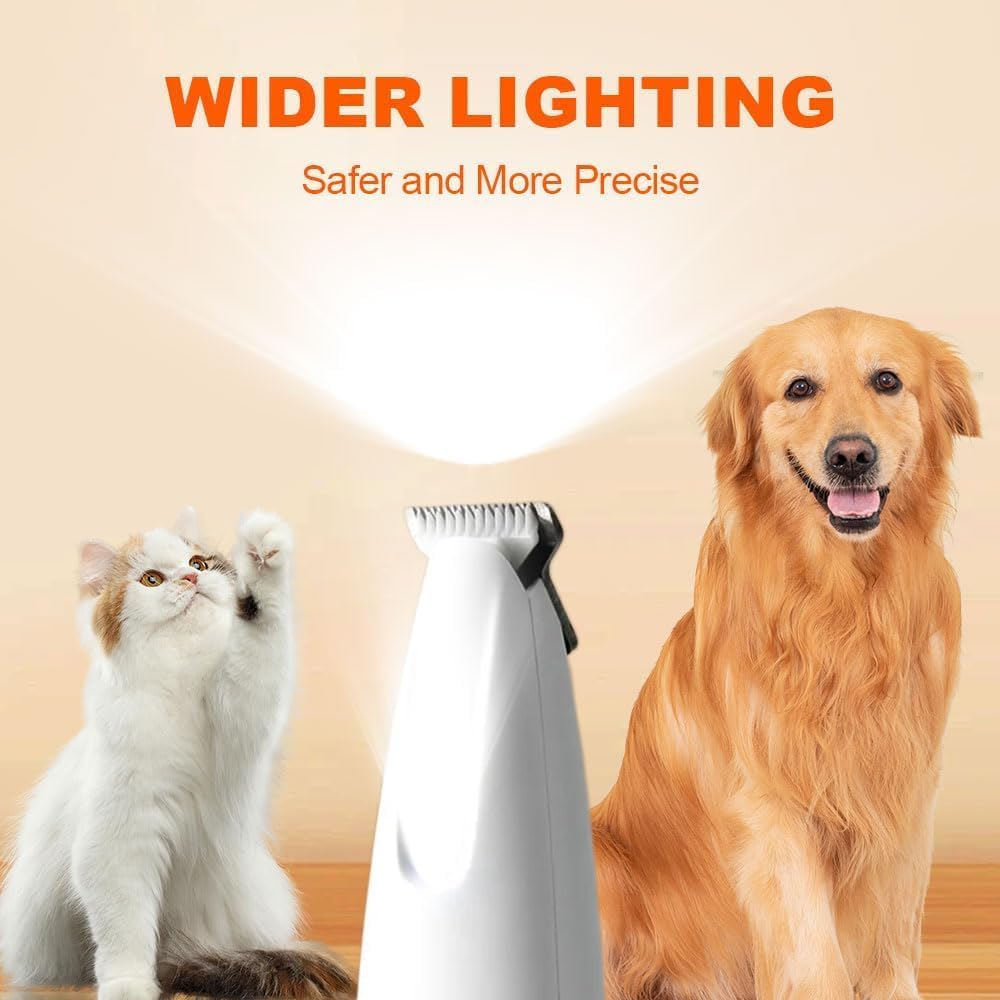 Side angle view of the lightweight Comasua cat and dog precision shaver showing the power button