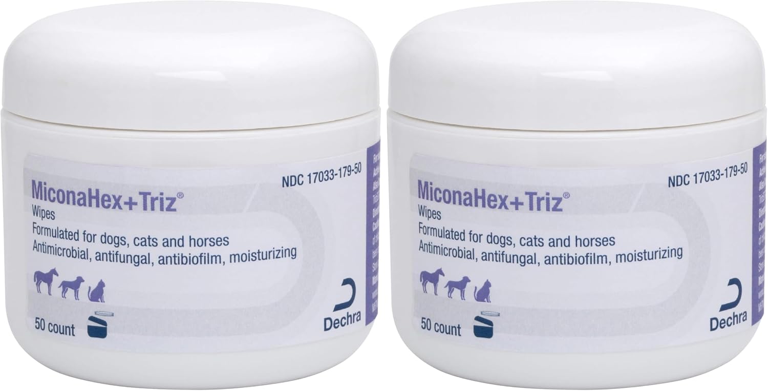 MiconaHex+Triz medicated pet grooming wipes seal and top view of packaging