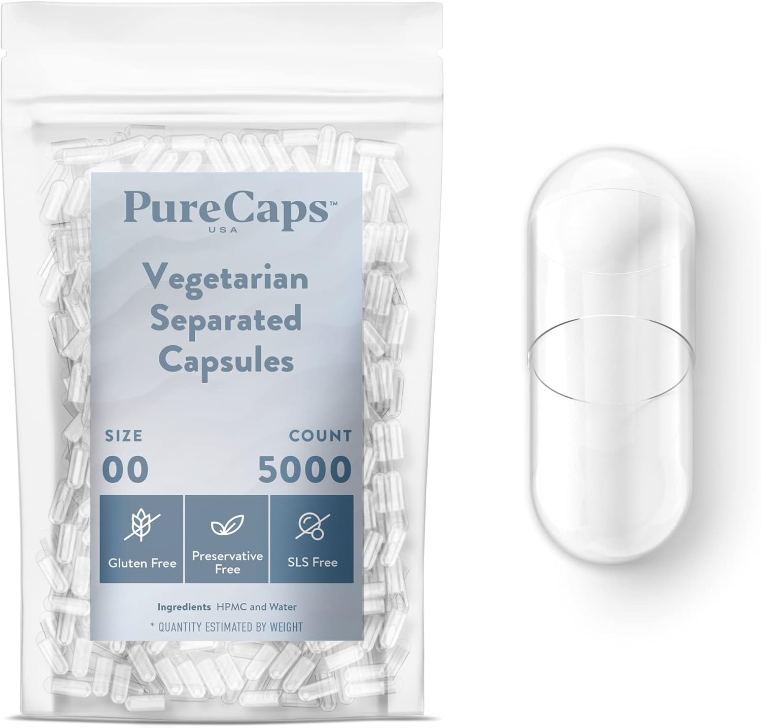 PureCaps USA - Empty Vegetarian and Vegan Pill Capsules Size 00| 5,000 Separated Pills| Clear | Non-GMO Certified | SLS, Gluten, Preservative Free - Image 1