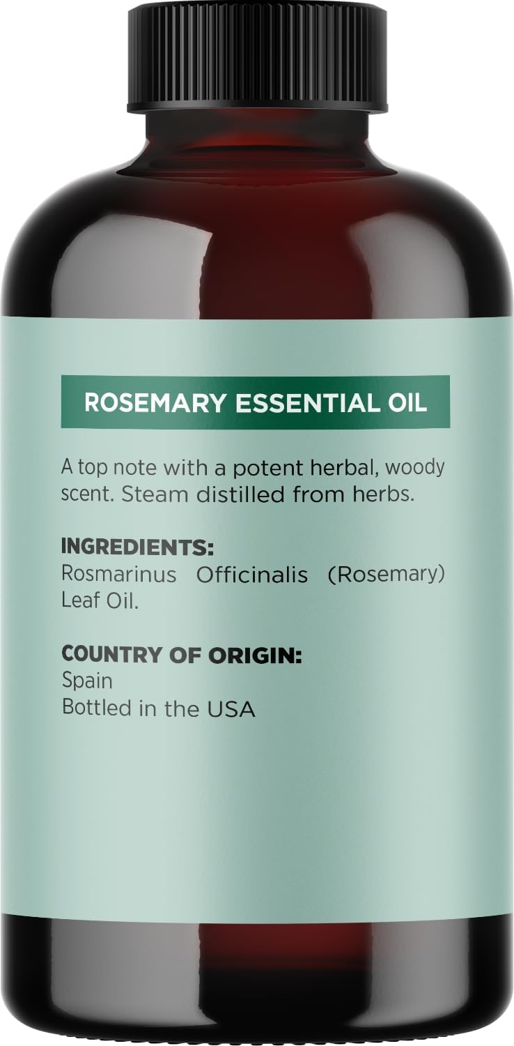 Amber glass bottle of Maple Holistics rosemary oil showing ingredients list