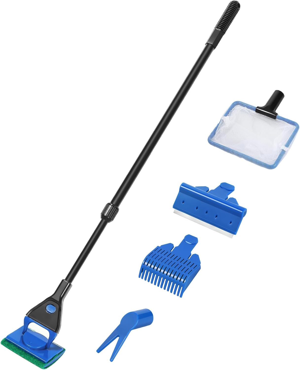 AQUANEAT Aquarium Cleaning Tools 5 in 1 kit front view showing telescopic handle and five attachments