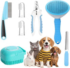 Comprehensive 7 piece pink pet grooming set including brushes combs and toothbrushes for dogs and cats