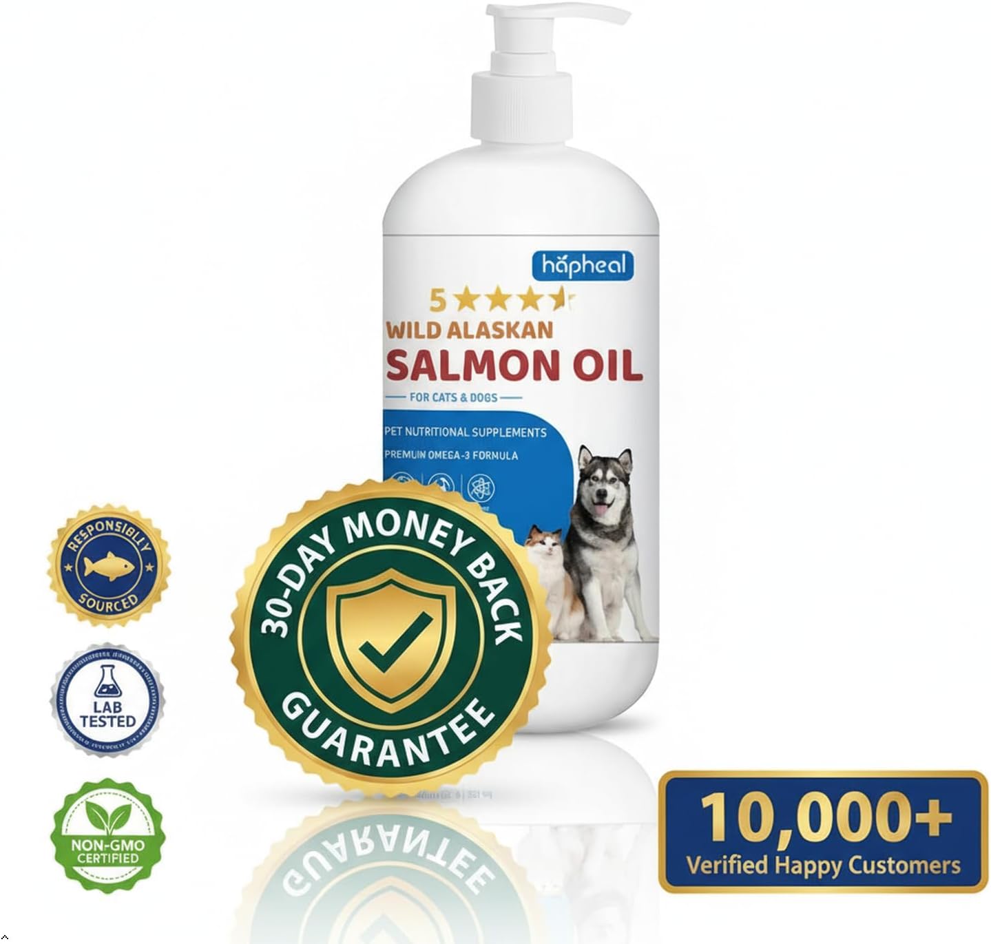 Close up view of the easy to use pump bottle mechanism on the 8 ounce salmon oil.