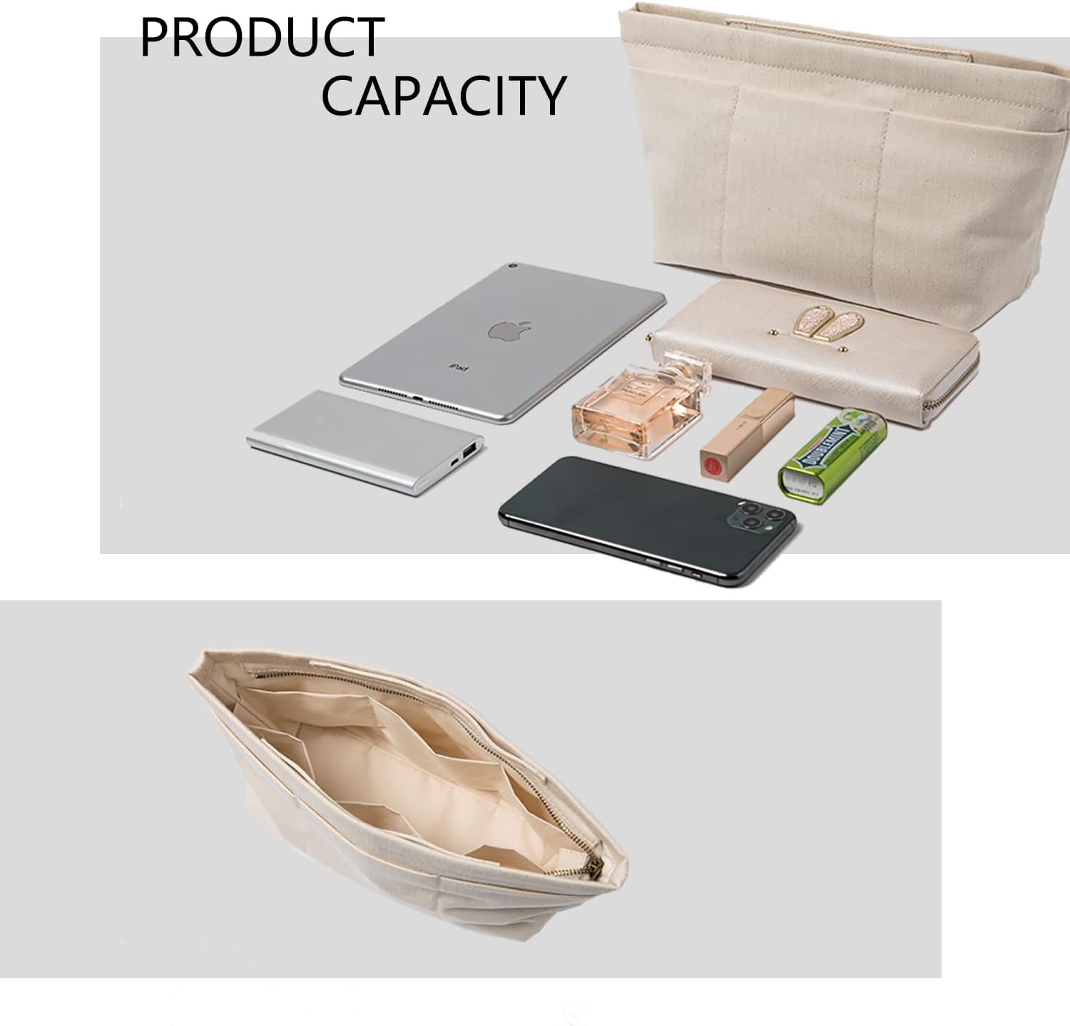 Premium cotton canvas purse organizer with multiple slots holding cosmetics and a smartphone