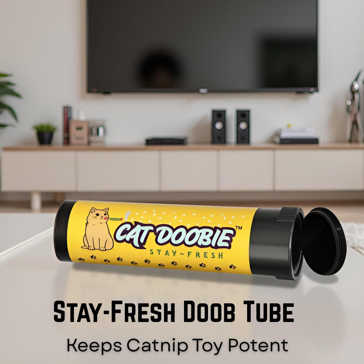 Nestpark Cat Doobie toy next to its freshness preserving storage tube