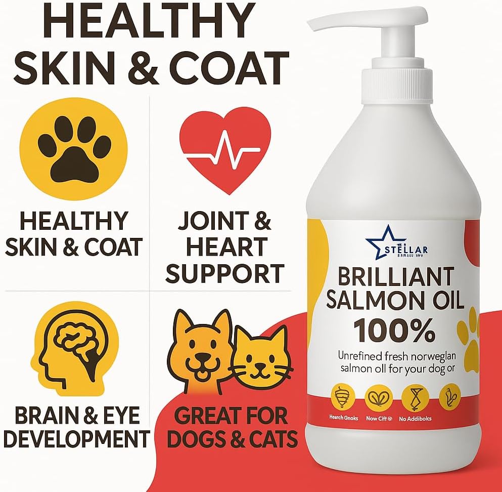 Unrefined wild caught Alaskan salmon oil bottle showing the easy to use pump mechanism for precise pet food topping