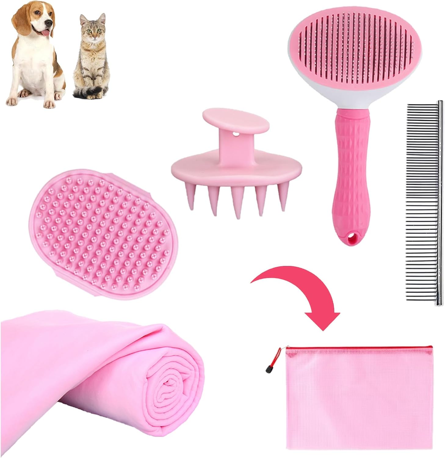 Dog Grooming Kit - Deshedding Brush for Short Hair, Slicker Brush, Flea Comb, Puppy Brush Set in Pink - Image 9