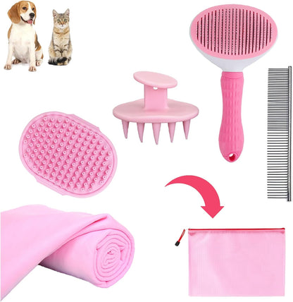 Dog Grooming Kit - Deshedding Brush for Short Hair, Slicker Brush, Flea Comb, Puppy Brush Set in Pink - Image 9