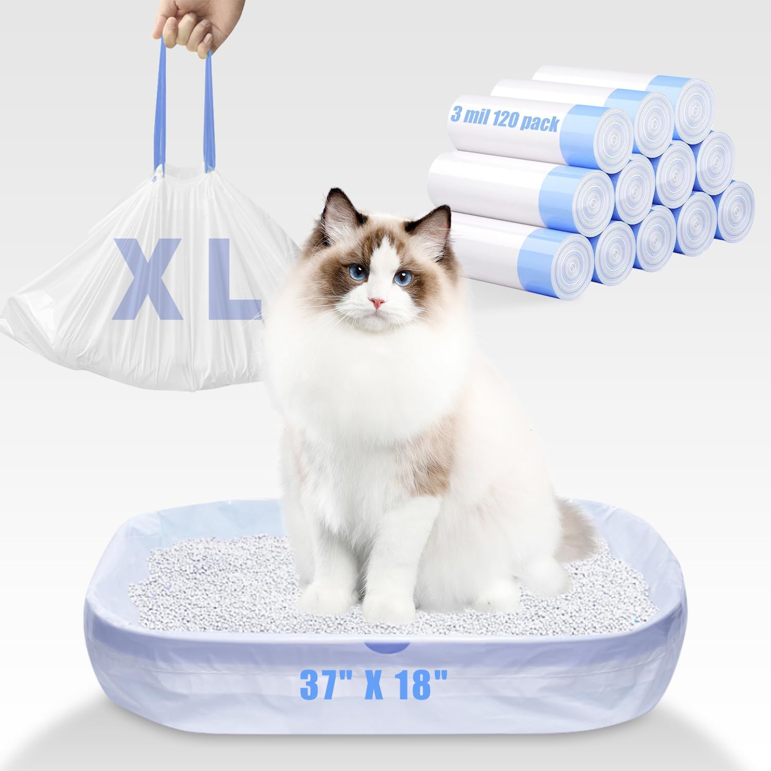 Frnoip sixty pack jumbo cat litter liners demonstrating easy drawstring tie function