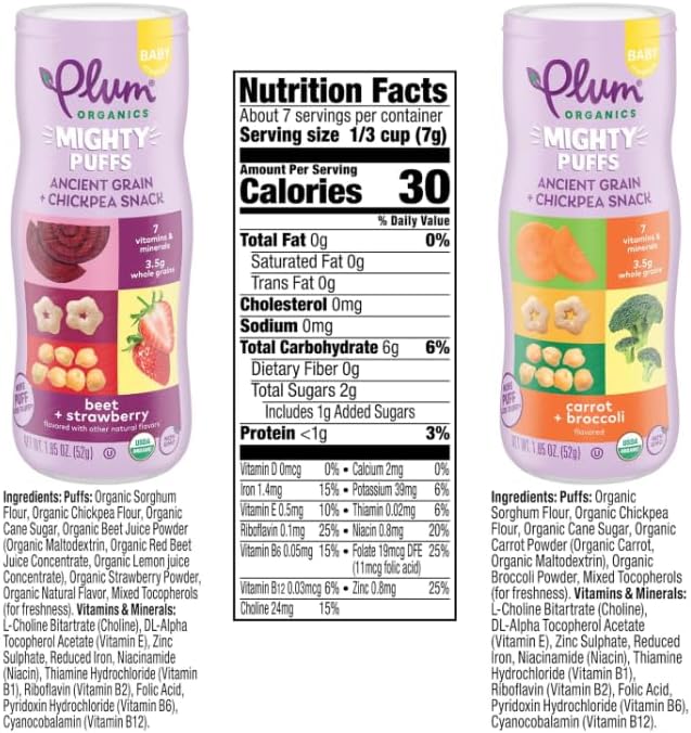 Plum Organics Beet and Strawberry baby puffs canister showcasing ancient grains recipe.