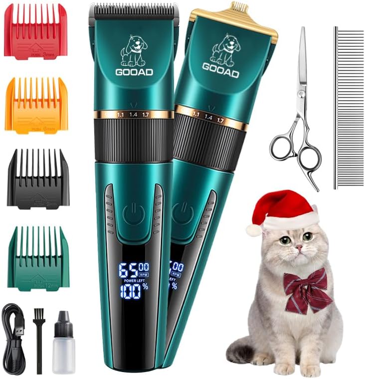 Gooad cordless pet clippers for matted hair front view showing green finish and LCD power display.