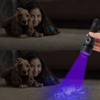 Handheld black light device being used to inspect a hotel mattress for bed bug detection